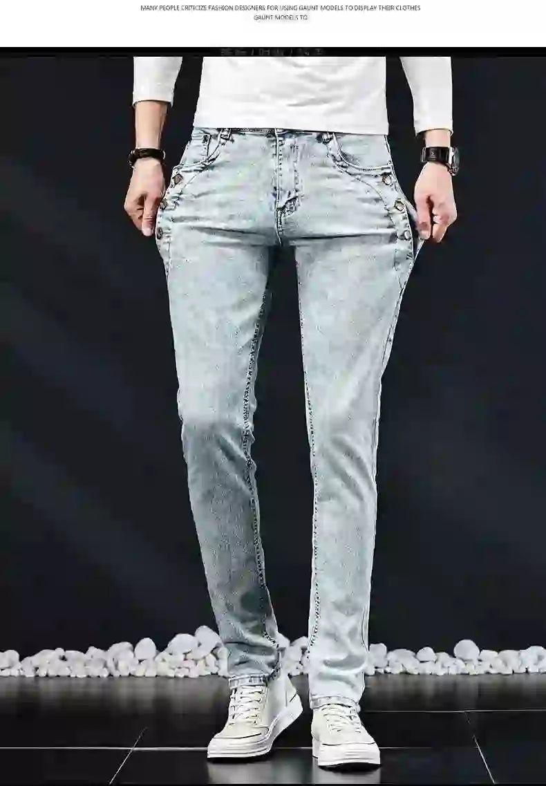 Slim Skinny Jeans Men New Elastic Korean Design Fashion Multi-Button Blue White Vintage Wash Cotton Stretch Denim Pants Trousers