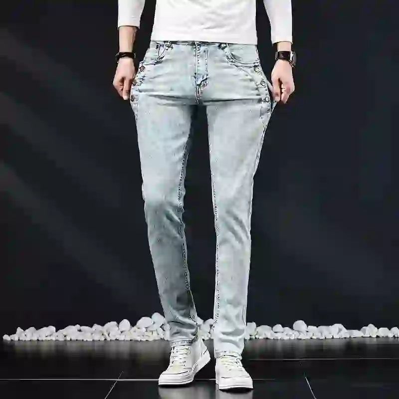 Slim Skinny Jeans Men New Elastic Korean Design Fashion Multi-Button Blue White Vintage Wash Cotton Stretch Denim Pants Trousers