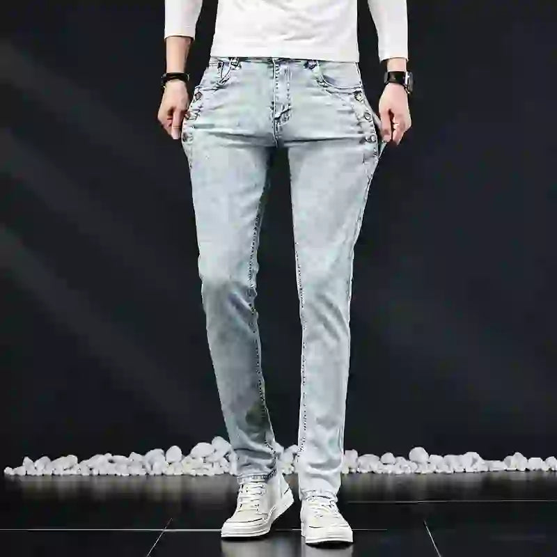 Slim Skinny Jeans Herr Nya Elastiska Koreanska Design Mode Flerknapps B