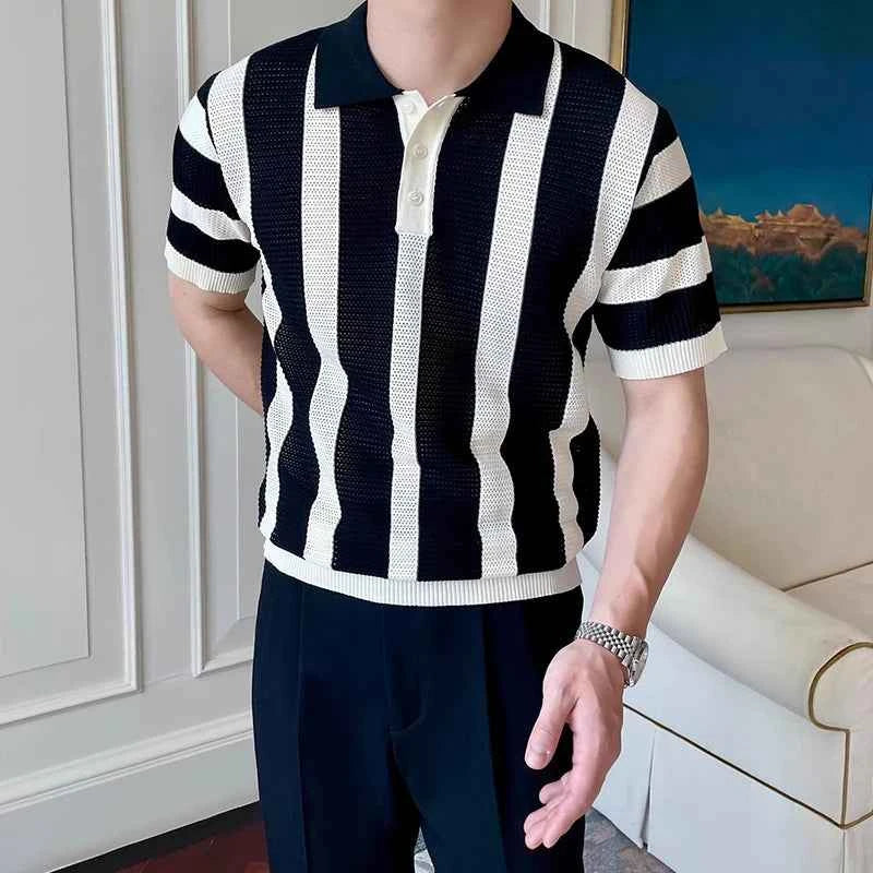 Stylish Mens Slim Short Sleeve Polo Shirts Knitting Striped Contrast Color Polo T Shirt For Men Summer New Casual Buttoned Polos