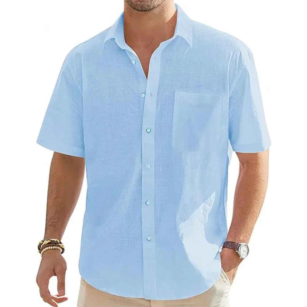 New Men's Shirts Cotton Linen Short-sleeved Single-breasted Shirts Men's Holiday Beach Shirts Streetwear Solid Colour Tops