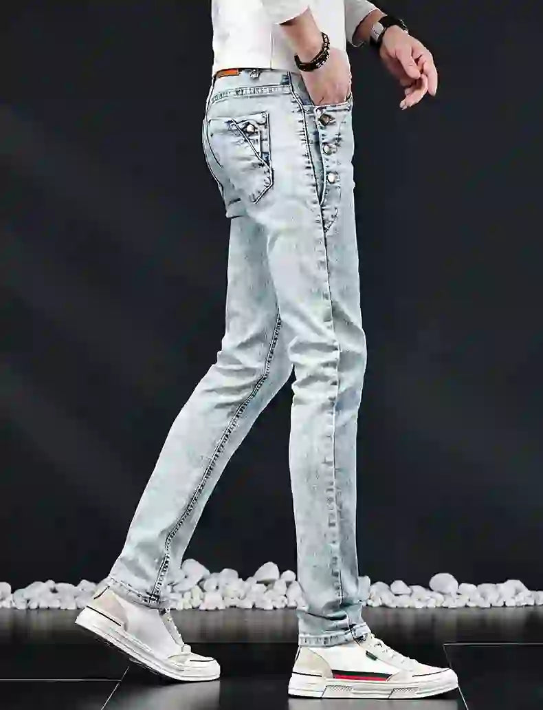 Slim Skinny Jeans Herr Nya Elastiska Koreanska Design Mode Flerknapps B
