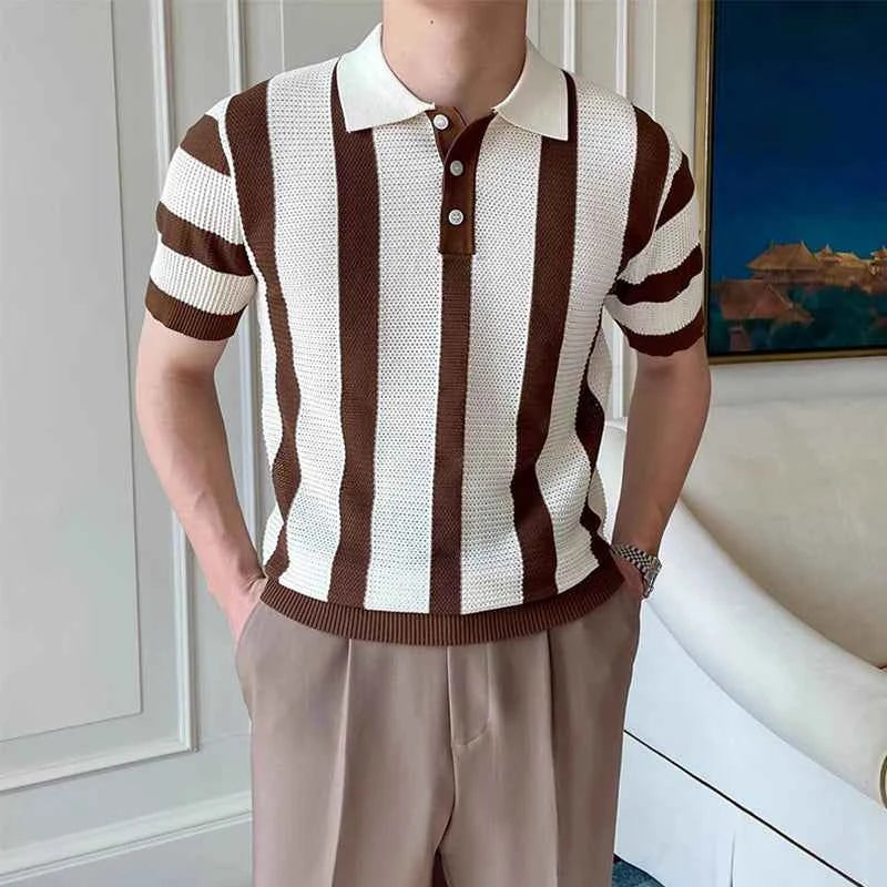 Stylish Mens Slim Short Sleeve Polo Shirts Knitting Striped Contrast Color Polo T Shirt For Men Summer New Casual Buttoned Polos