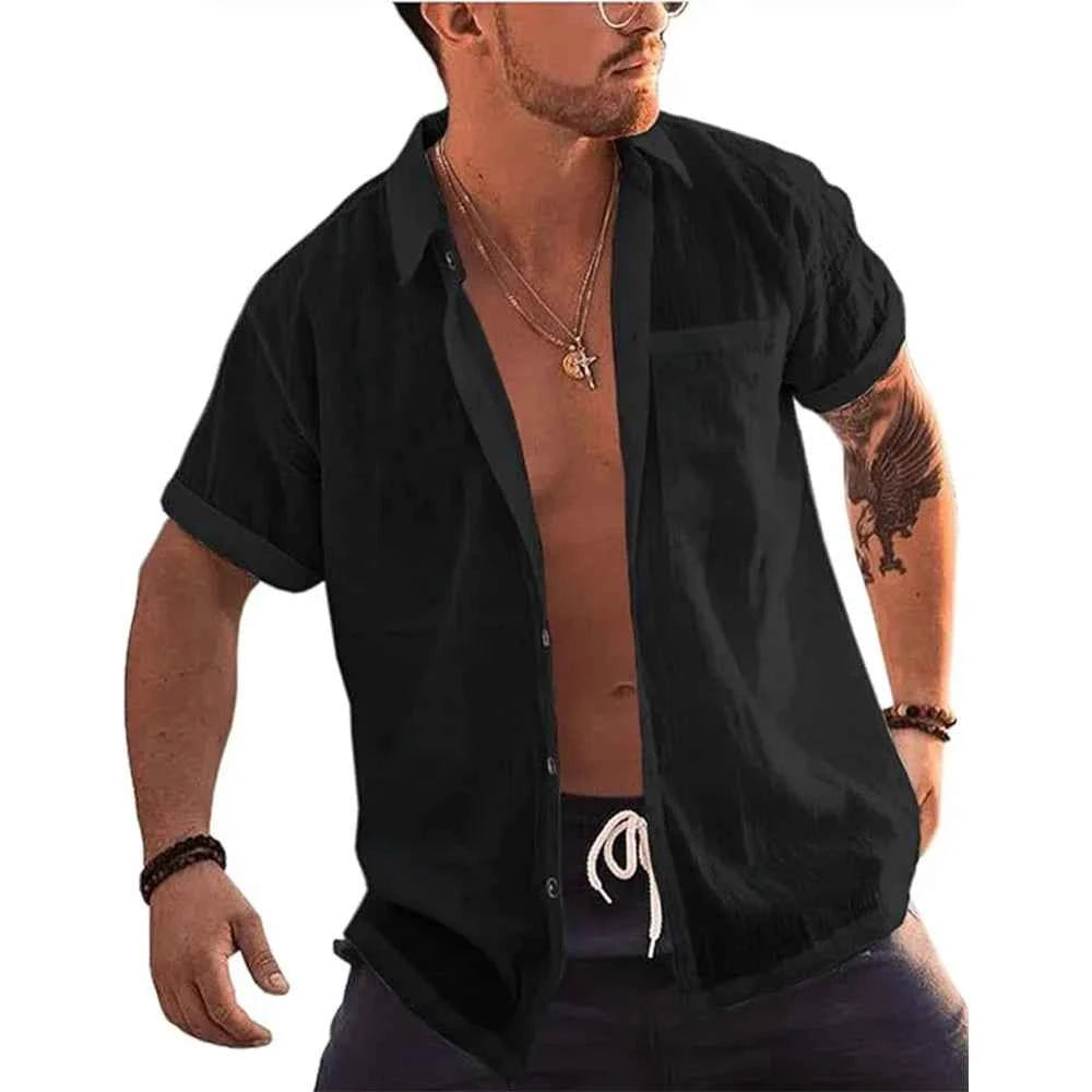 Mens Short Sleeve T-Shirts Button Up Shirts Linen Cotton Beach Tops Turn Down Collar Summer T Shirt with Pocket