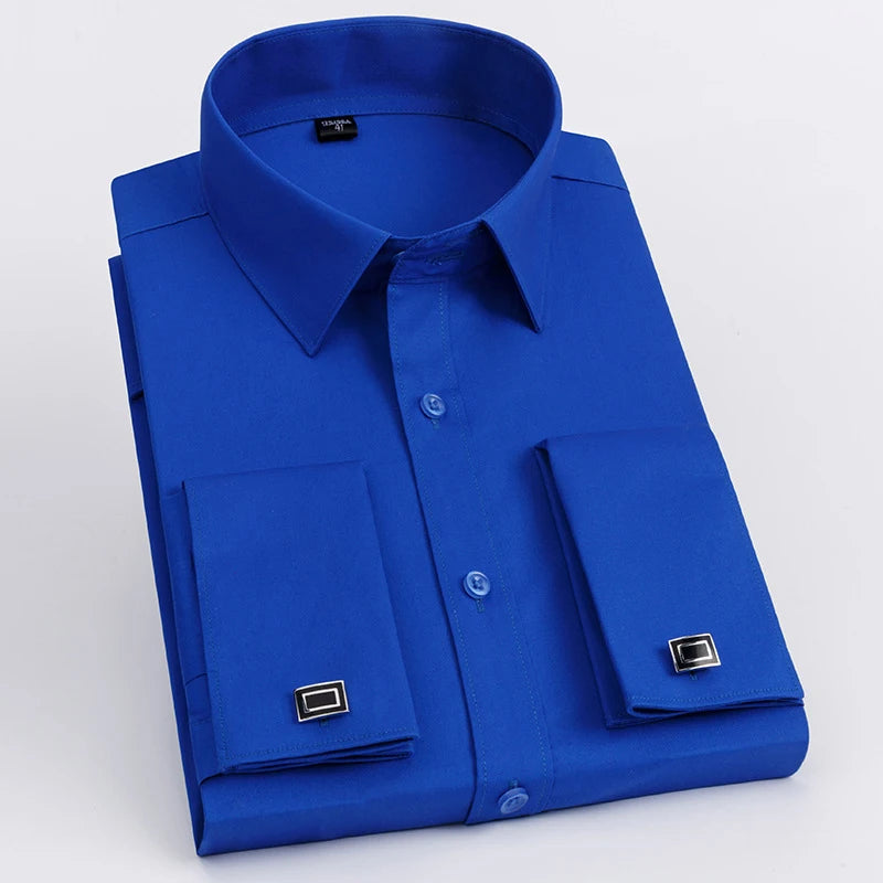Men's French Cuff Dress Shirt Long Sleeve Slim Fit Tuxedo Shirts with Cufflinks Poly/Cotton Double Button Collar
