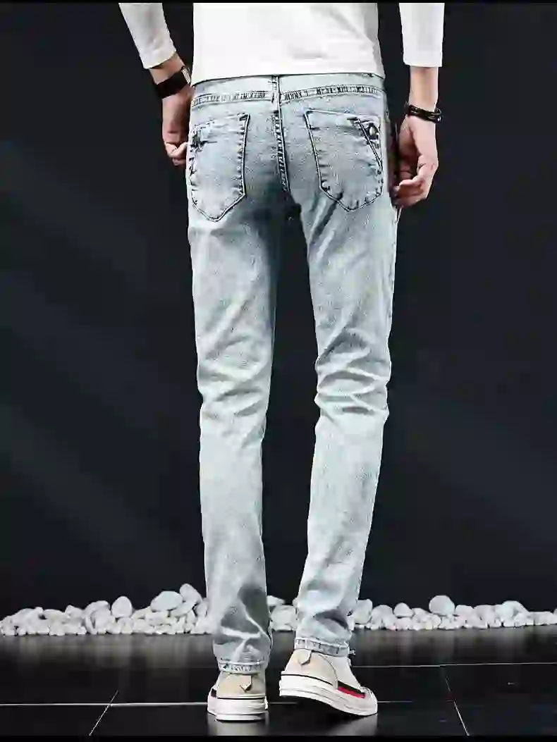 Slim Skinny Jeans Men New Elastic Korean Design Fashion Multi-Button Blue White Vintage Wash Cotton Stretch Denim Pants Trousers