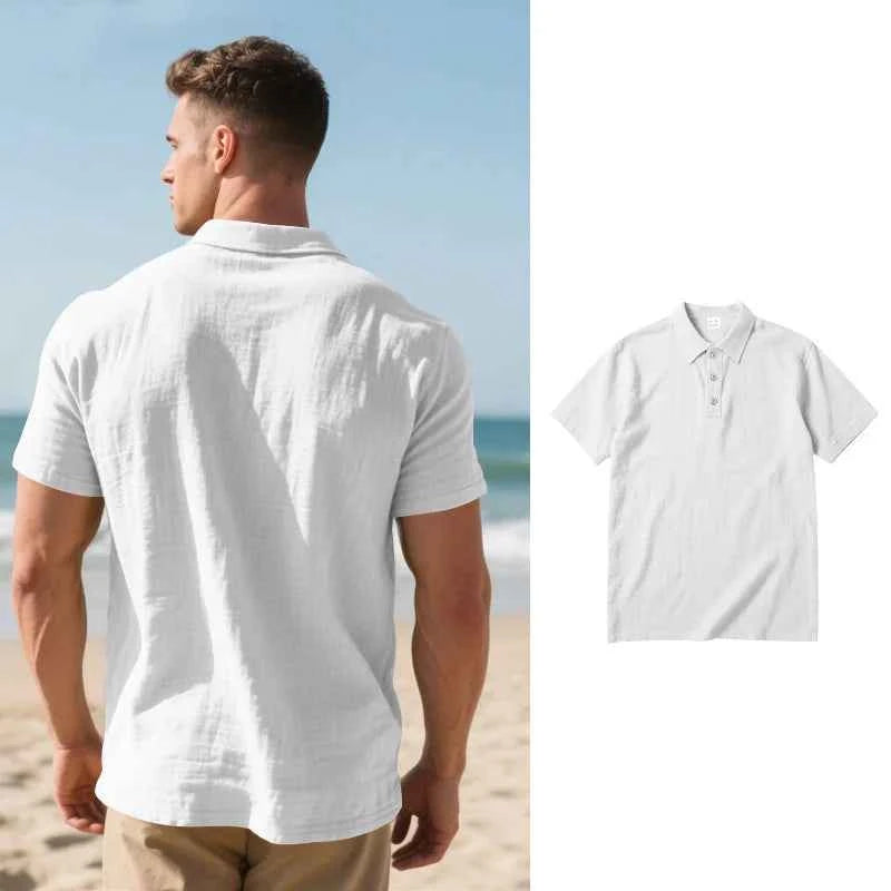 2025 Daily Casual Short Sleeve Linen Polo Shirt Mens Fashion Buttoned turn-down collar Shirt Summer Leisure beach men Polo Shirt