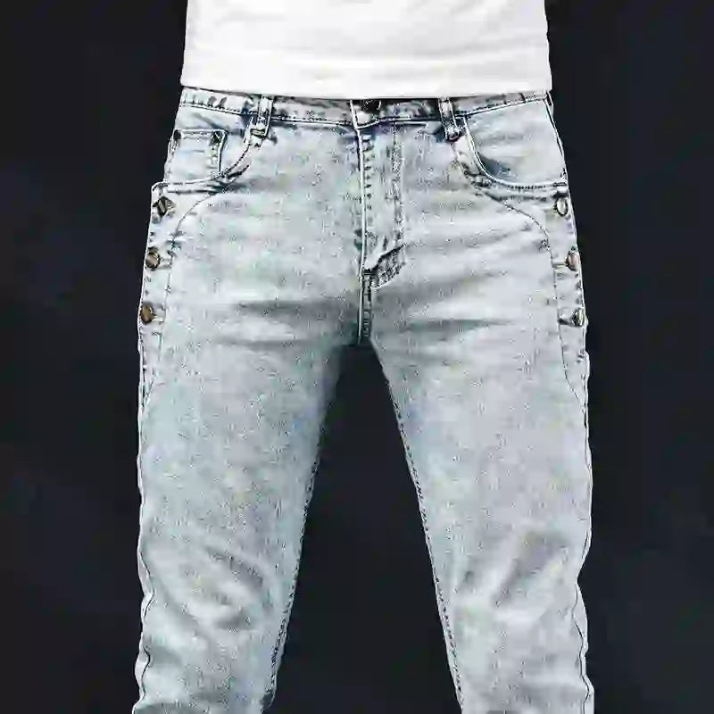 Slim Skinny Jeans Men New Elastic Korean Design Fashion Multi-Button Blue White Vintage Wash Cotton Stretch Denim Pants Trousers