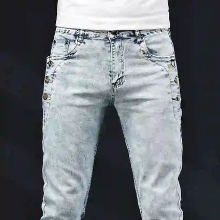Slim Skinny Jeans Men New Elastic Korean Design Fashion Multi-Button Blue White Vintage Wash Cotton Stretch Denim Pants Trousers