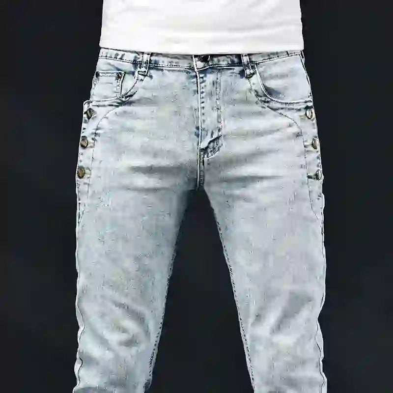 Slim Skinny Jeans Herr Nya Elastiska Koreanska Design Mode Flerknapps B