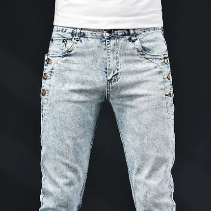 Slim Skinny Jeans Men New Elastic Korean Design Fashion Multi-Button Blue White Vintage Wash Cotton Stretch Denim Pants Trousers