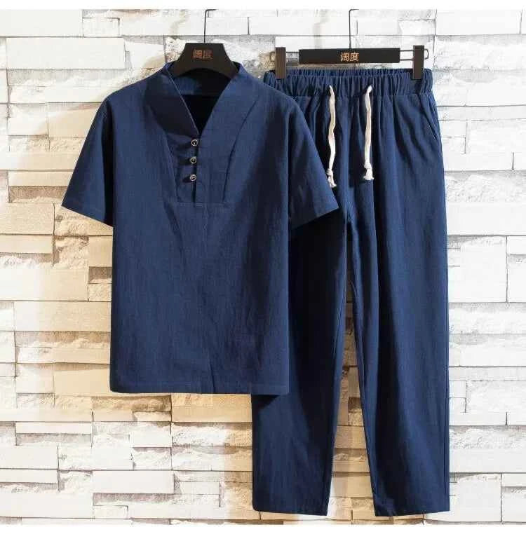 men's casual shirts (Shirt + trousers) 2025 summer men shirt Man Cotton and linen shirts Short sleeve men A set of clothes M-5XL