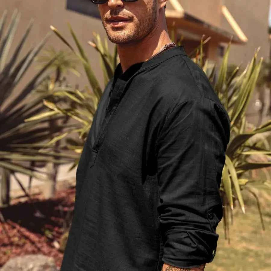 Men's Casual Blouse Cotton Linen Shirt Loose Tops Long Sleeve Henley Shirt Spring Autumn Handsome Shirts Shirts for Men