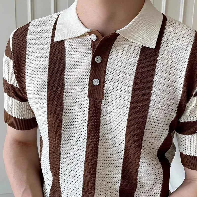 Stylish Mens Slim Short Sleeve Polo Shirts Knitting Striped Contrast Color Polo T Shirt For Men Summer New Casual Buttoned Polos