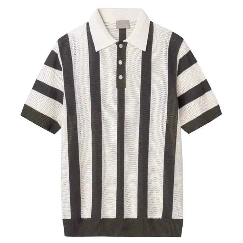 Stylish Mens Slim Short Sleeve Polo Shirts Knitting Striped Contrast Color Polo T Shirt For Men Summer New Casual Buttoned Polos