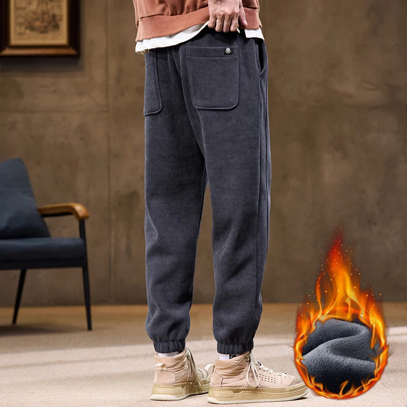 Men's Winter Fleece Warm Straight Casual Pants Classic Solid Thicke Velvet Stretch Trousers Man Bound Feet Jogging Sweatpants