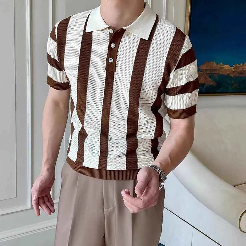 Stylish Mens Slim Short Sleeve Polo Shirts Knitting Striped Contrast Color Polo T Shirt For Men Summer New Casual Buttoned Polos