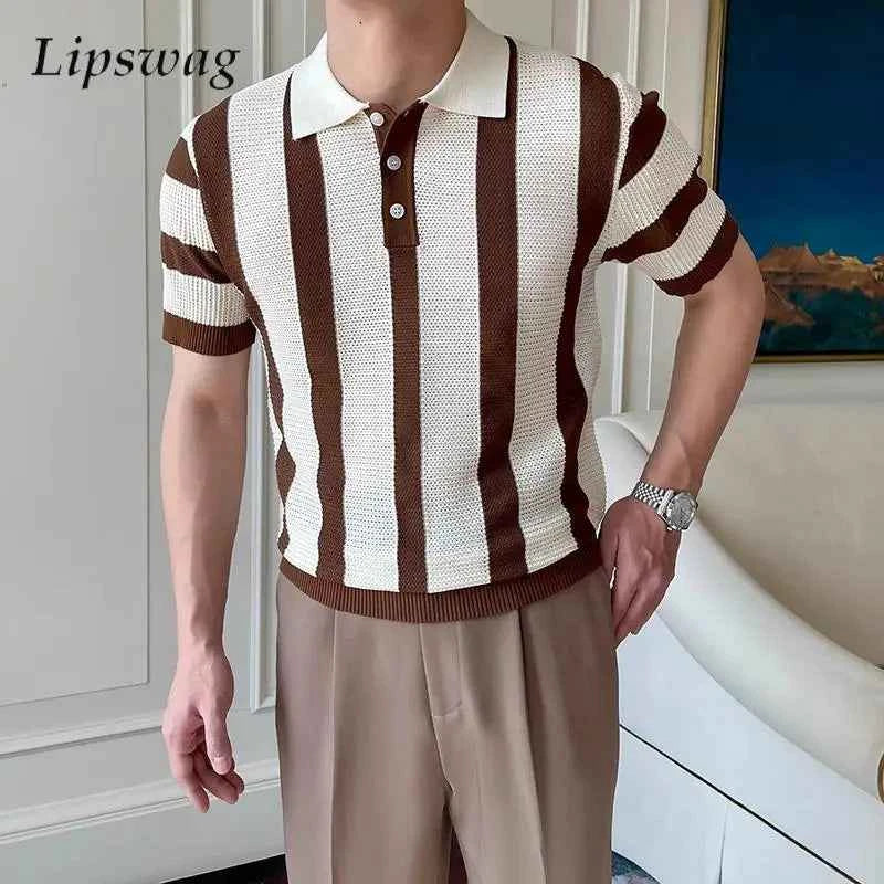Stylish Mens Slim Short Sleeve Polo Shirts Knitting Striped Contrast Color Polo T Shirt For Men Summer New Casual Buttoned Polos