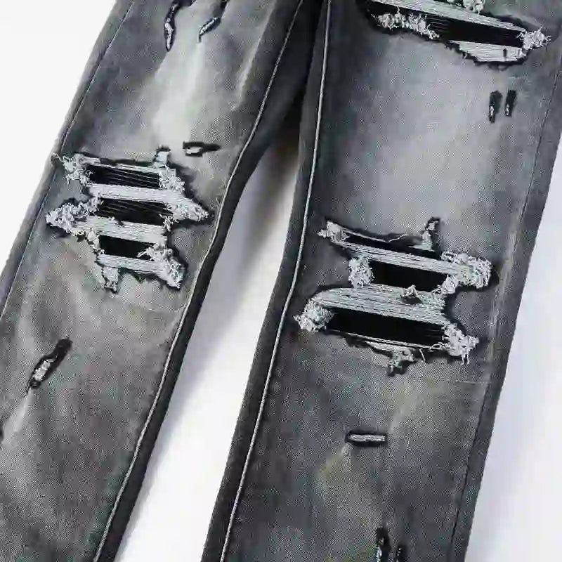 Designer fashion new denim jeans with stretch, slim fit, perforated, red patch washed, nostalgic black gray jeans, high street h
