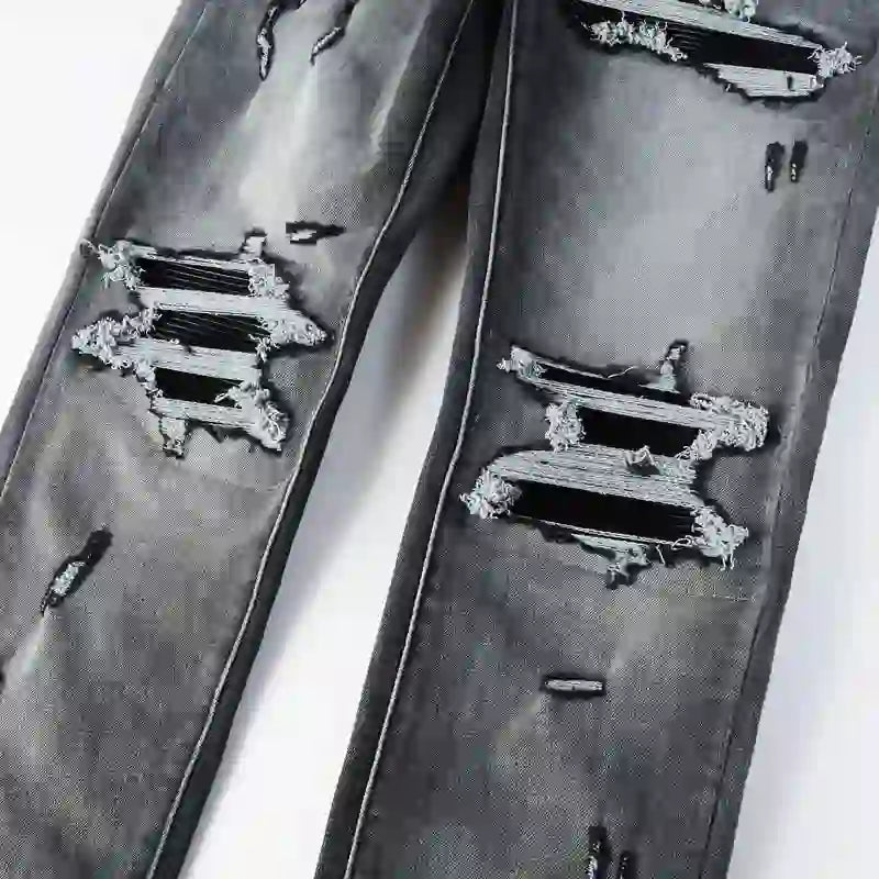 Designer fashion new denim jeans with stretch, slim fit, perforated, r