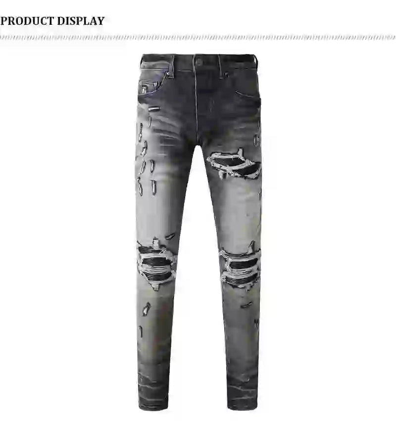 Designer fashion new denim jeans with stretch, slim fit, perforated, red patch washed, nostalgic black gray jeans, high street h