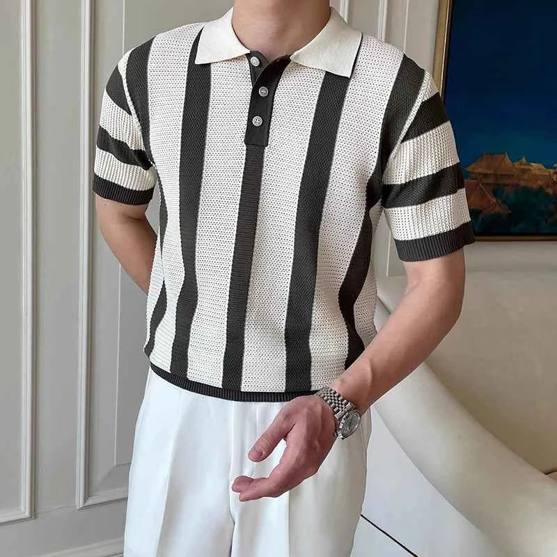 Stylish Mens Slim Short Sleeve Polo Shirts Knitting Striped Contrast Color Polo T Shirt For Men Summer New Casual Buttoned Polos