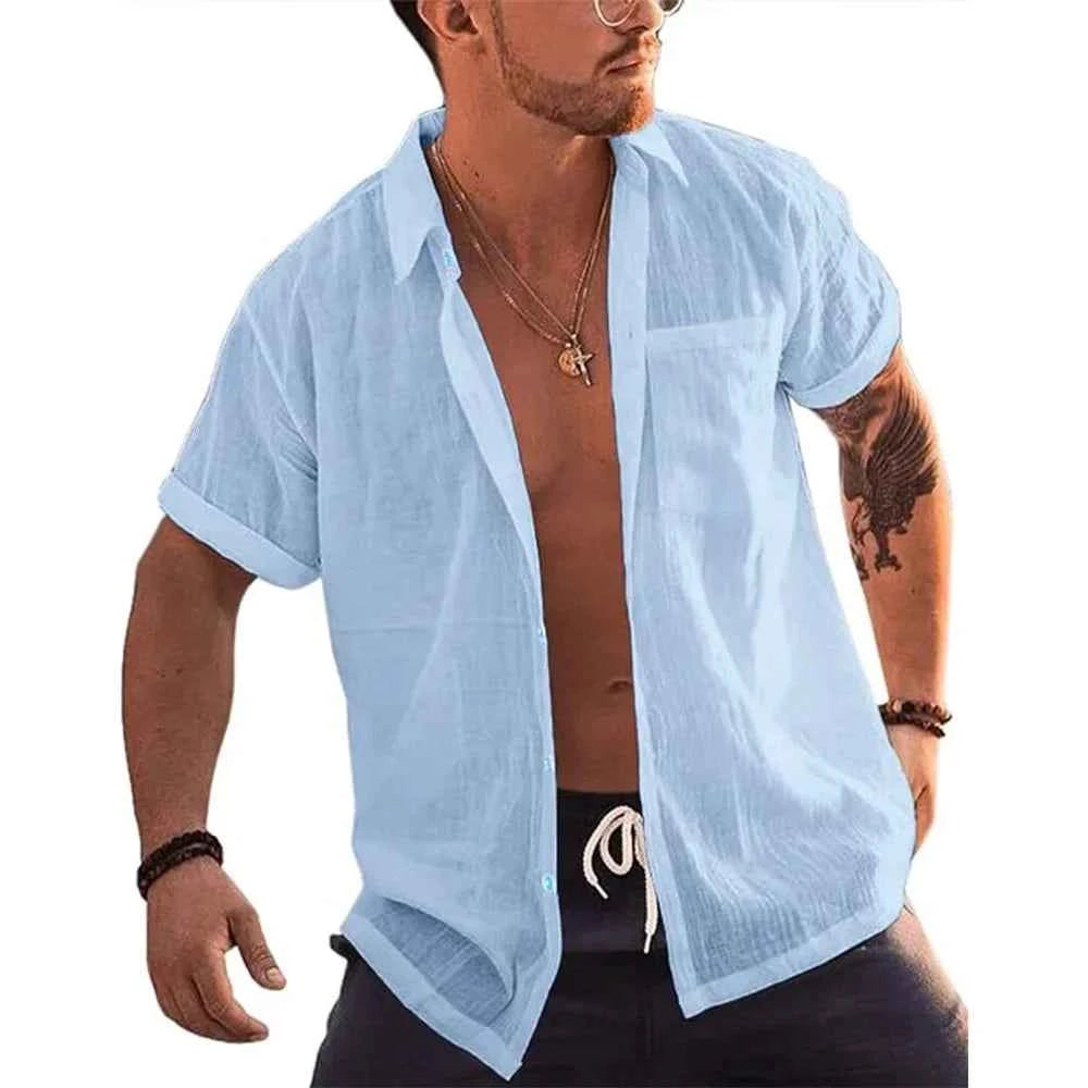 Mens Short Sleeve T-Shirts Button Up Shirts Linen Cotton Beach Tops Turn Down Collar Summer T Shirt with Pocket