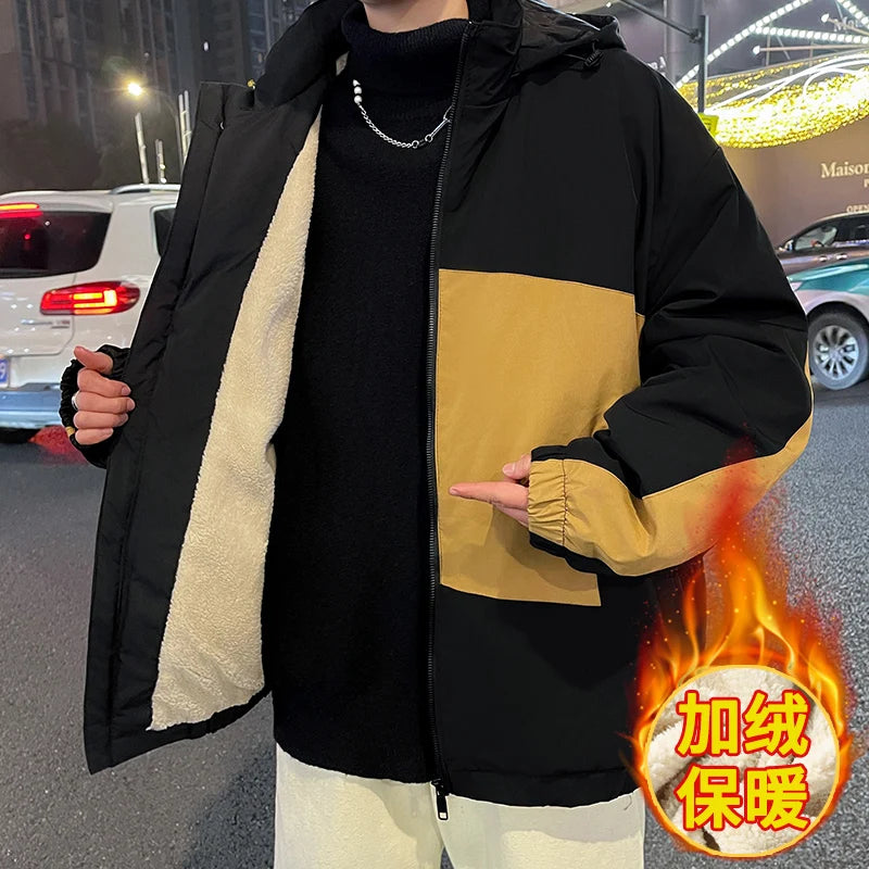 Couple Clothing Autumn Winter Men's Jacket with Fleece Hooded Patchwork Windproof Warm Women Coat
