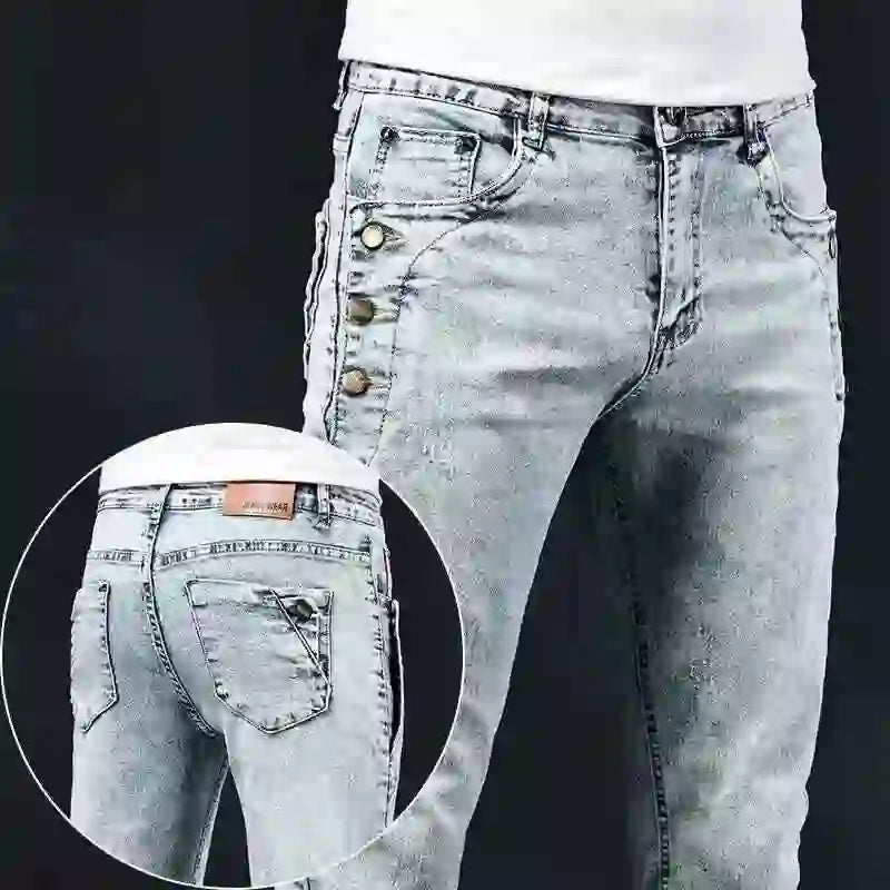 Slim Skinny Jeans Men New Elastic Korean Design Fashion Multi-Button Blue White Vintage Wash Cotton Stretch Denim Pants Trousers