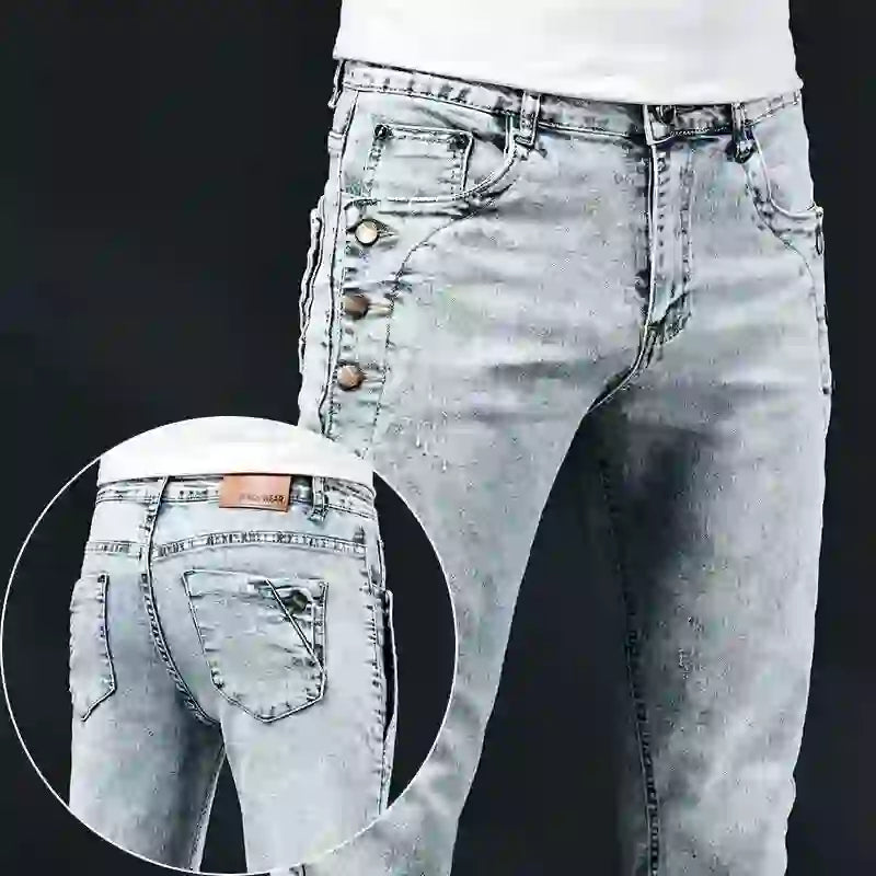 Slim Skinny Jeans Herr Nya Elastiska Koreanska Design Mode Flerknapps B