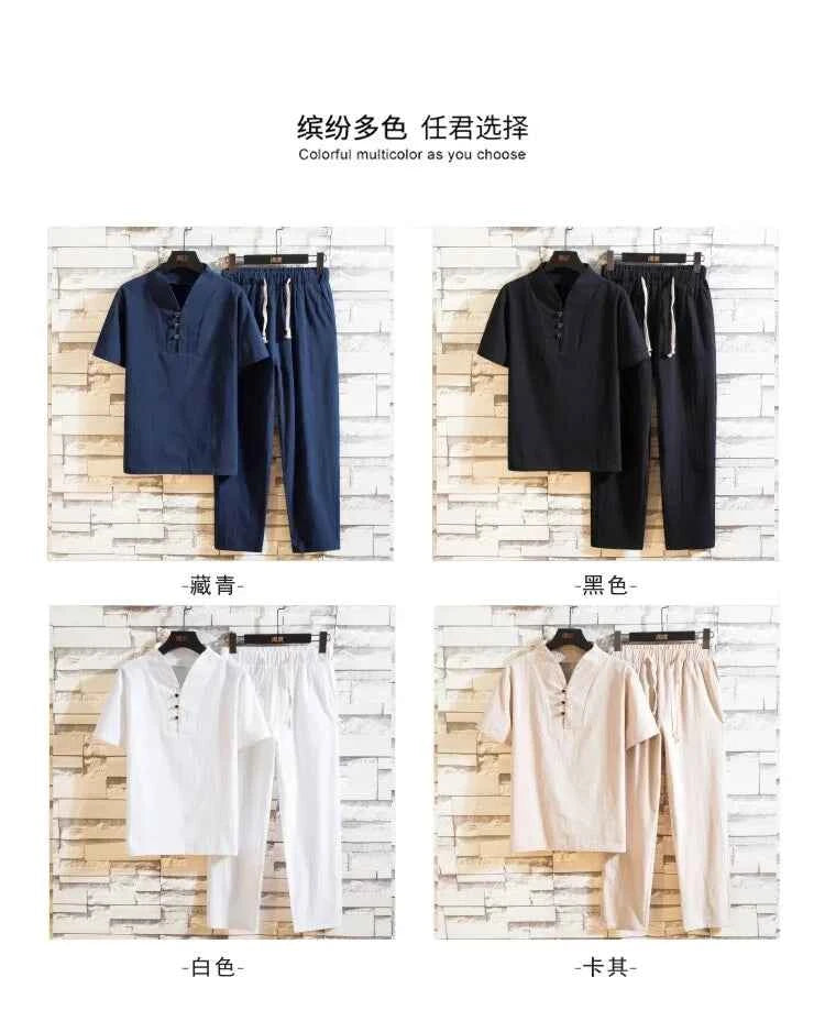 men's casual shirts (Shirt + trousers) 2025 summer men shirt Man Cotton and linen shirts Short sleeve men A set of clothes M-5XL