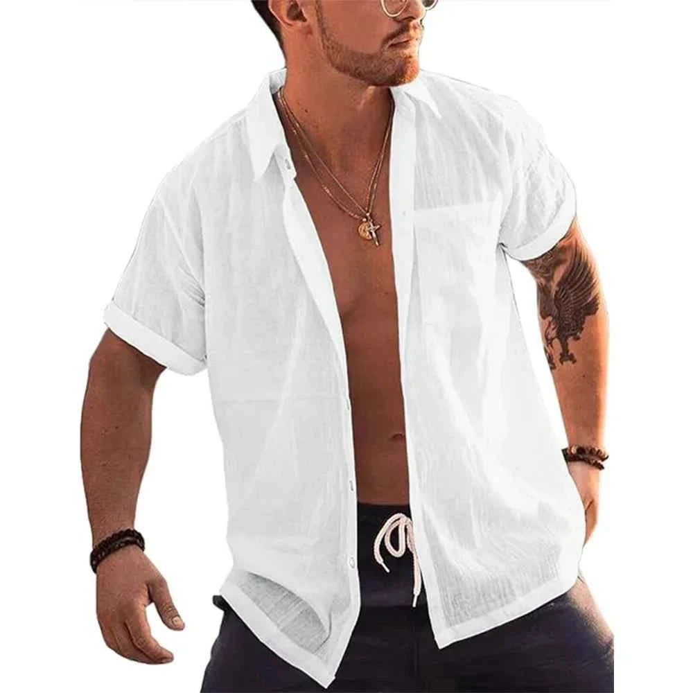 Mens Short Sleeve T-Shirts Button Up Shirts Linen Cotton Beach Tops Turn Down Collar Summer T Shirt with Pocket