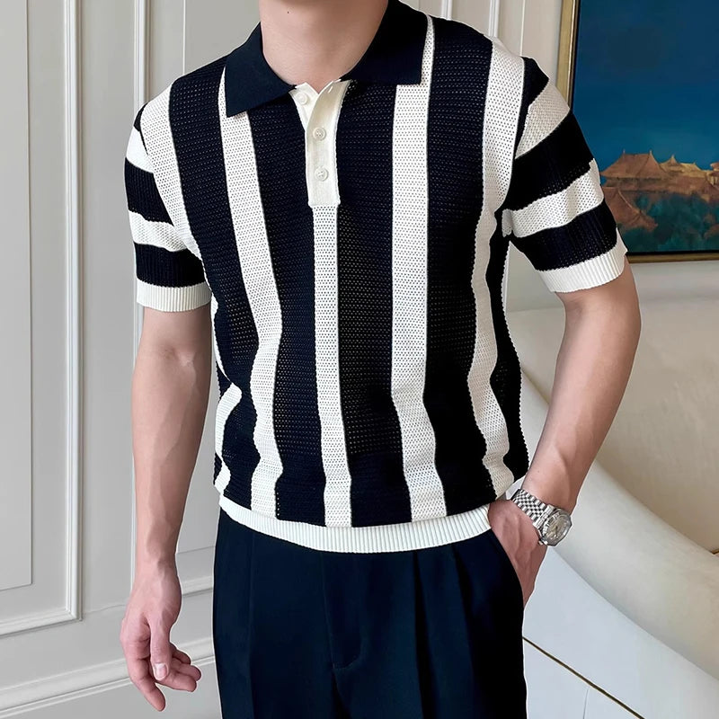 Stylish Men's Slim Short Sleeve Polo Shirts Knitting Striped Contrast