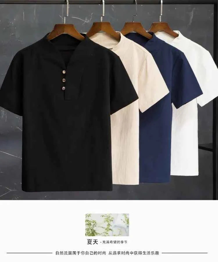 men's casual shirts (Shirt + trousers) 2025 summer men shirt Man Cotton and linen shirts Short sleeve men A set of clothes M-5XL