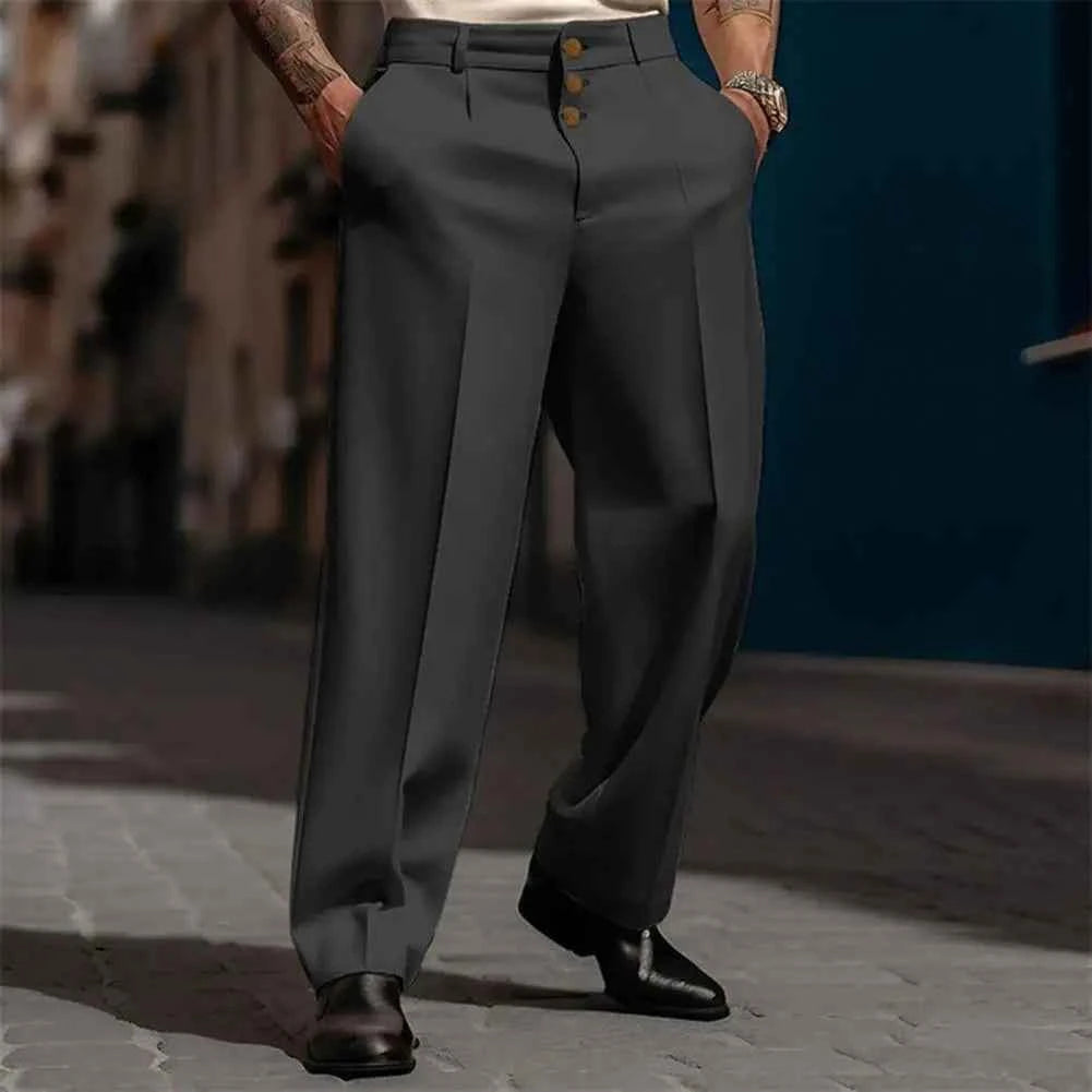 Men Suit Pants Elegant Men's Business Suit Pants with Straight Loose Fit Soft Pockets Button Closure Mid Waist Formal for Office