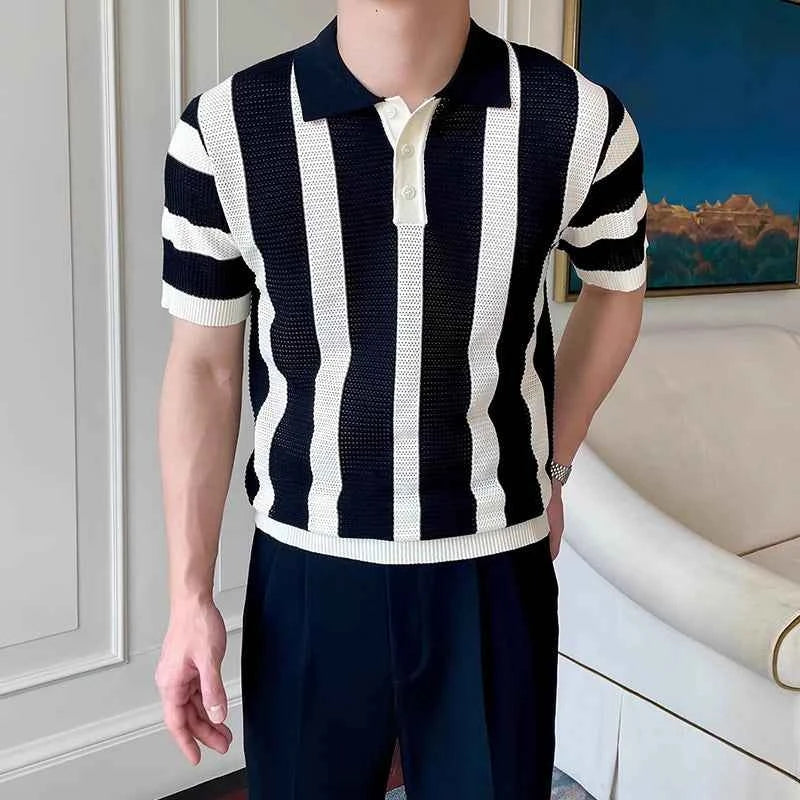 Stylish Mens Slim Short Sleeve Polo Shirts Knitting Striped Contrast Color Polo T Shirt For Men Summer New Casual Buttoned Polos
