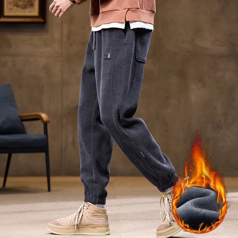 Men's Winter Fleece Warm Straight Casual Pants Classic Solid Thicke Velvet Stretch Trousers Man Bound Feet Jogging Sweatpants