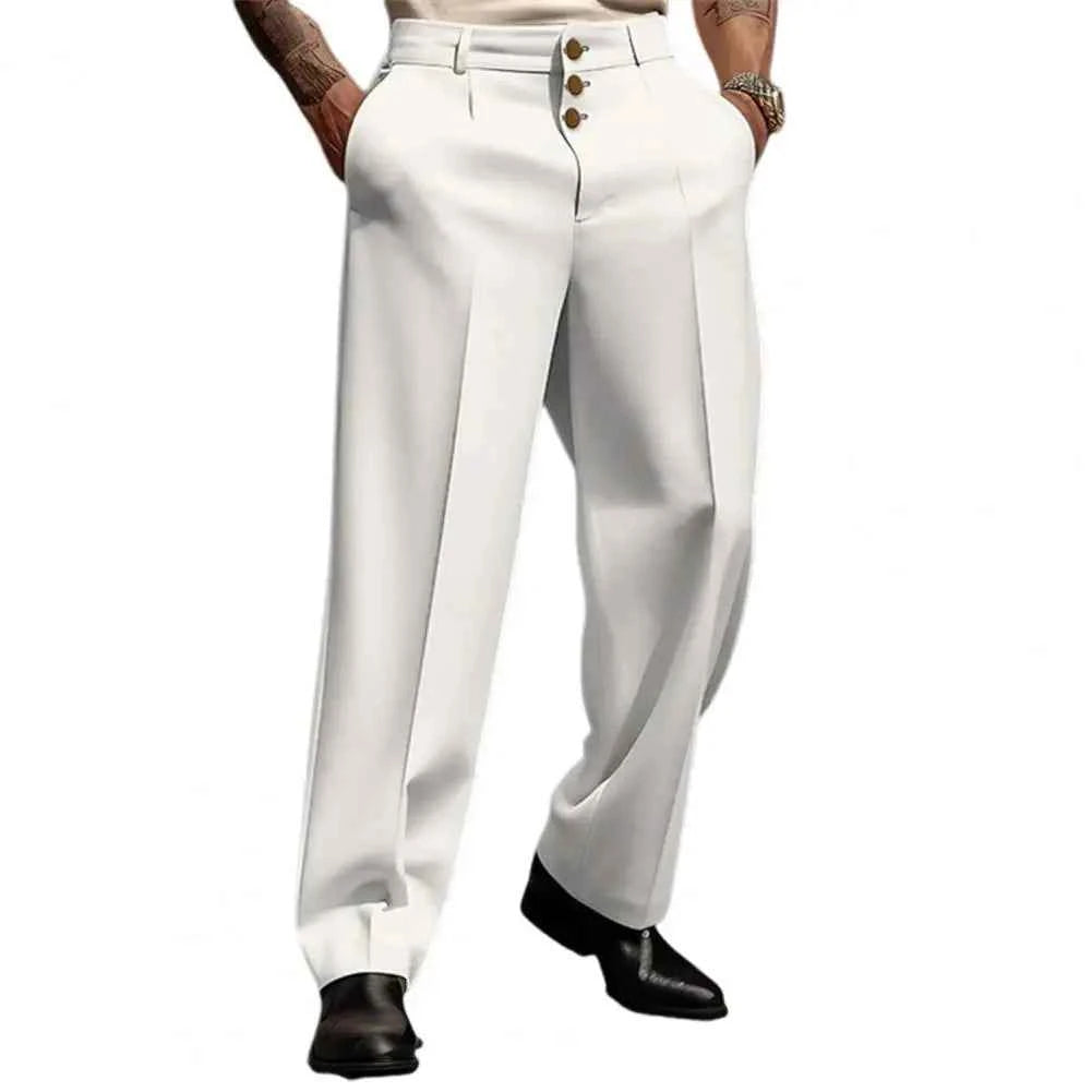 Men Suit Pants Elegant Men's Business Suit Pants with Straight Loose Fit Soft Pockets Button Closure Mid Waist Formal for Office