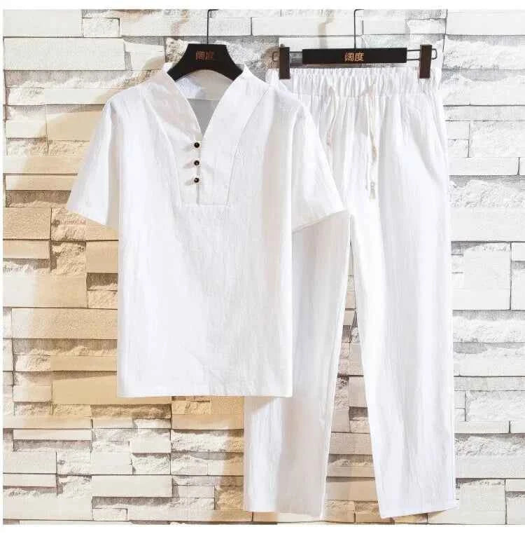 men's casual shirts (Shirt + trousers) 2025 summer men shirt Man Cotton and linen shirts Short sleeve men A set of clothes M-5XL