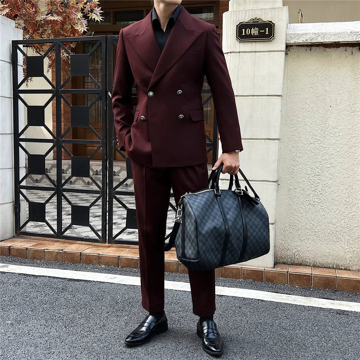 (Jackets+Pant)Fashion Double Breasted Design Men Suit Italian Style Luxury Elegant Business Social Wedding Dress Thick Suit 2Pcs
