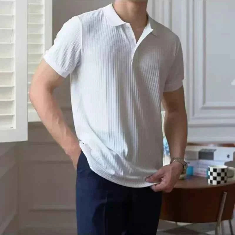 Summer Men's Clothing Retro Knit Lapel Striped Polo Shirt Solid Color Short Sleeve Fashion Light Luxury Popular Knitwear M-5XL