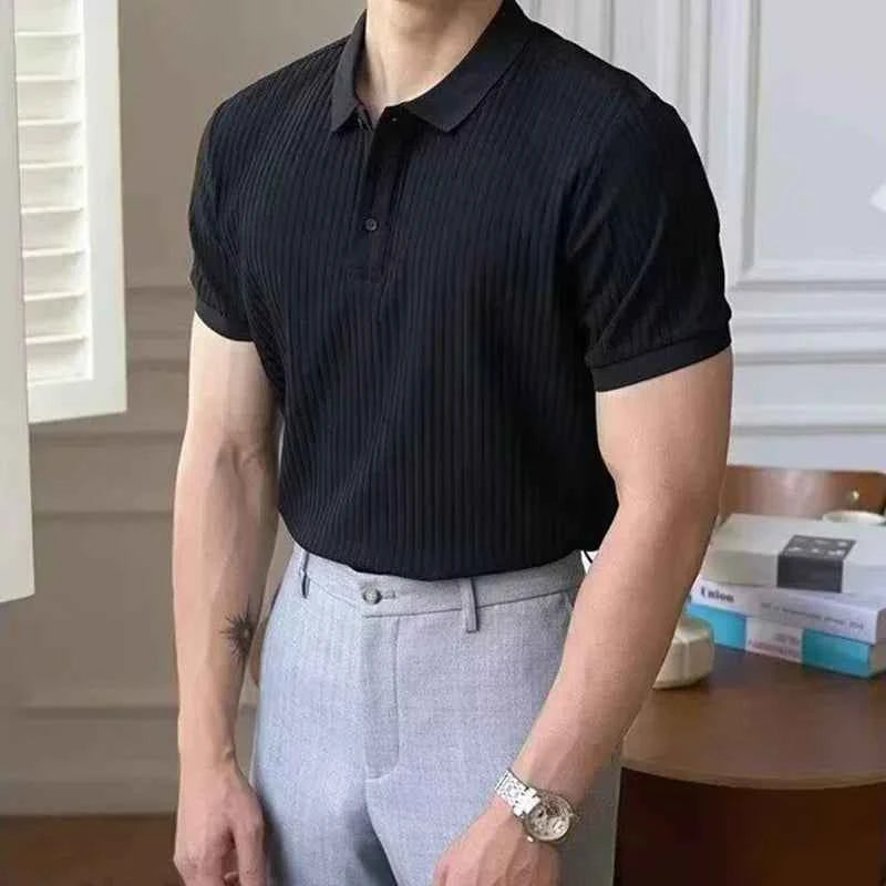 Summer Men's Clothing Retro Knit Lapel Striped Polo Shirt Solid Color Short Sleeve Fashion Light Luxury Popular Knitwear M-5XL