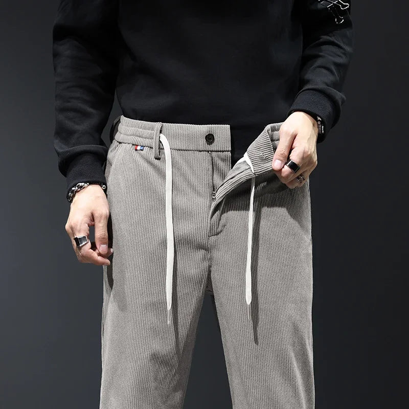 Winter Fleece Straight Men's Casual Pants Corduroy Thicken Baggy Stretch Trousers Fashion Soft Classic Keep Warm Man Clothes