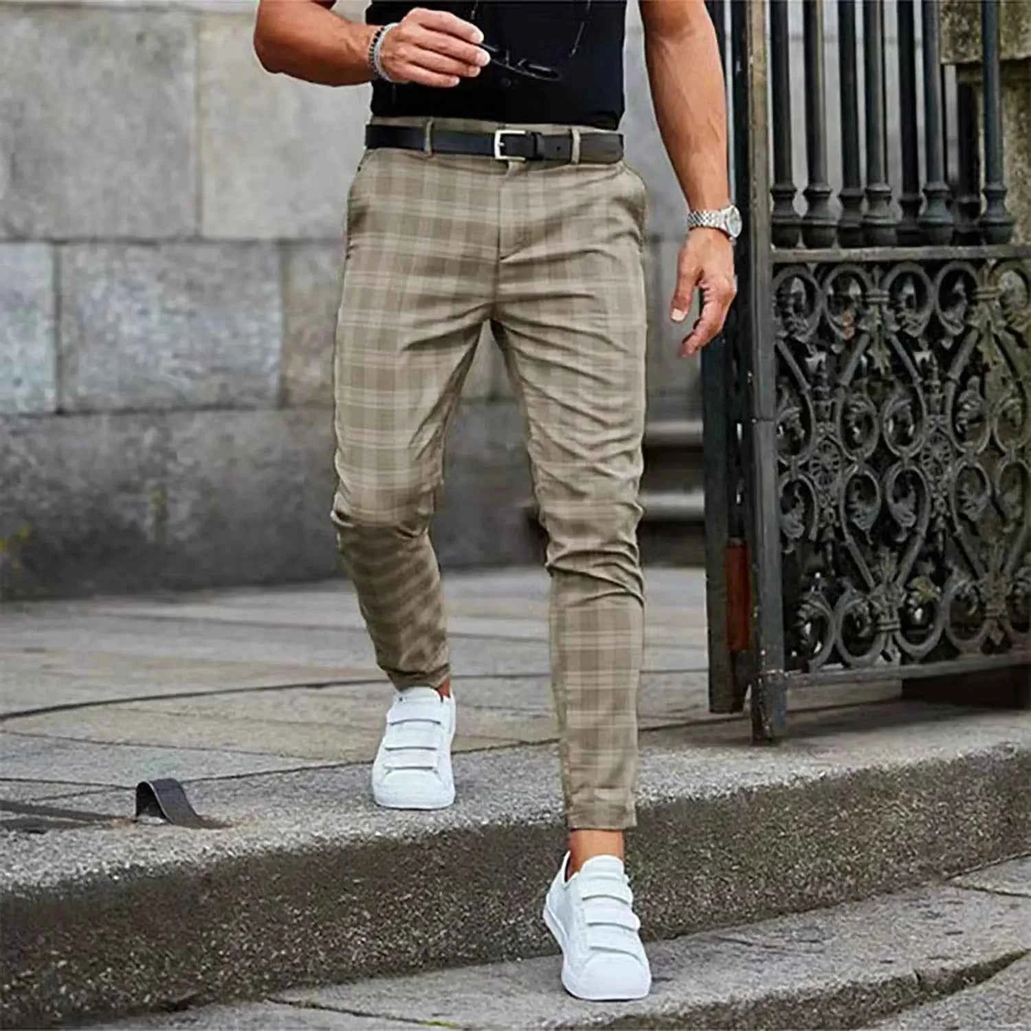 New 2025 Men's Formal Business Suit Pants Fashion Mid-waist Print Plaid Trousers Spring Autumn Comfortable Elastic Pants for Men