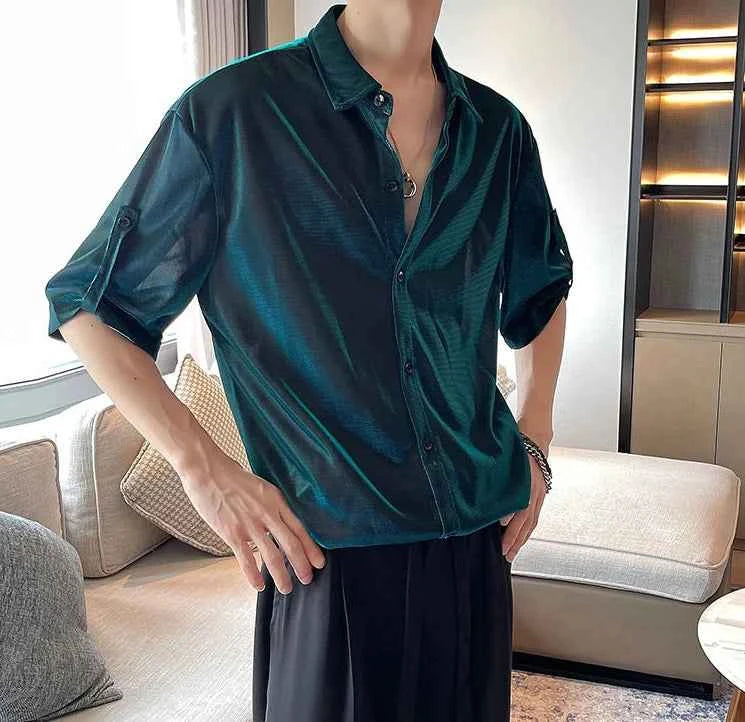 Shirts for Men Silk Plain Man Shirt Green Half Sleeve Cool Cotton Summer Xxl Slim Fit Hipster Original Asia I Fashion 2024 Sale