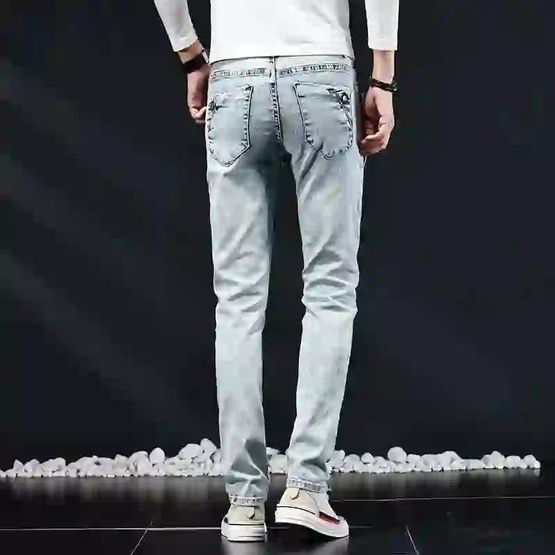 Slim Skinny Jeans Men New Elastic Korean Design Fashion Multi-Button Blue White Vintage Wash Cotton Stretch Denim Pants Trousers