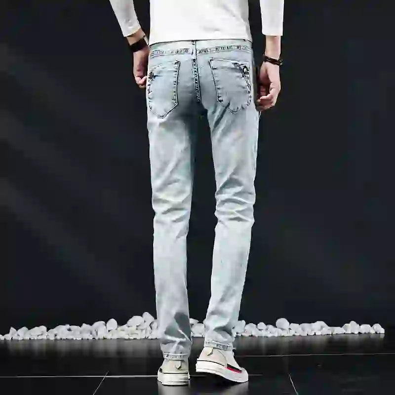 Slim Skinny Jeans Herr Nya Elastiska Koreanska Design Mode Flerknapps B