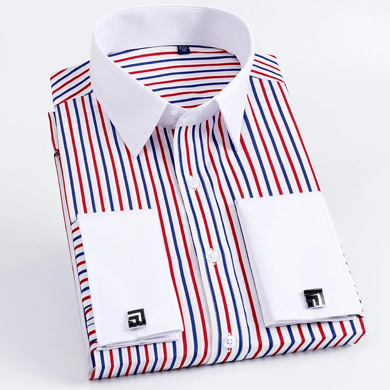 Men's French Cuff Dress Shirt Long Sleeve Slim Fit Tuxedo Shirts with Cufflinks Poly/Cotton Double Button Collar