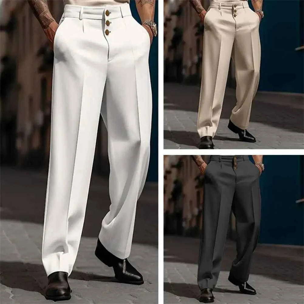 Men Suit Pants Elegant Men's Business Suit Pants with Straight Loose Fit Soft Pockets Button Closure Mid Waist Formal for Office