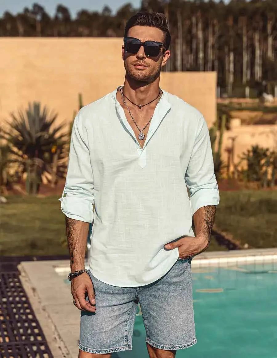 Men's Casual Blouse Cotton Linen Shirt Loose Tops Long Sleeve Henley Shirt Spring Autumn Handsome Shirts Shirts for Men